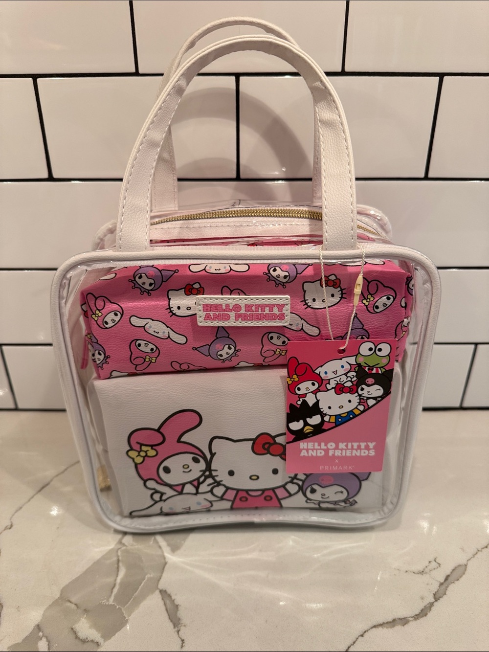 Hello Kitty Pink and White Clear Carry Tote with Character cosmetic cases bags